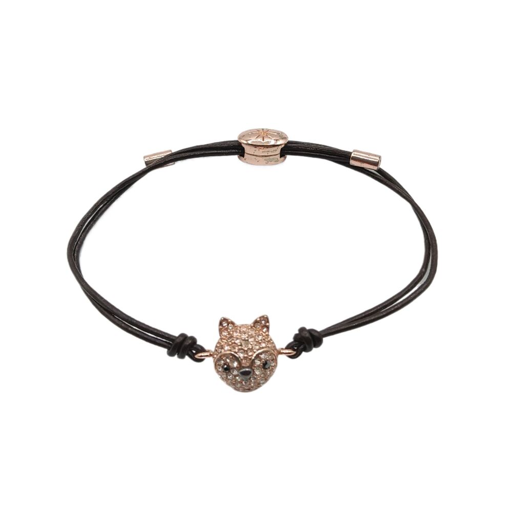 Fossil Paved Rhinestone Cat Charm Bracelet Rose Gold Tone Slider Cord Luxury